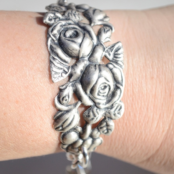 Antique Obsessions Jewelry - Floral Link Handmade Cuff Bracelet Roses Heart